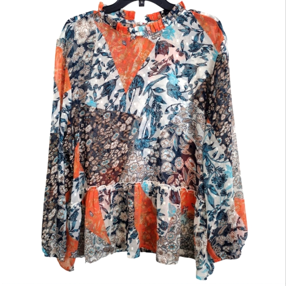 World Market Sheer Multicolor Floral Patchwork Blouse Magnetic Neck Clip L/XL